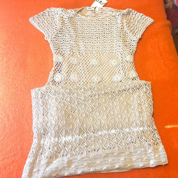 Zara cream sand boho crochet knit short sleeves long dress limited edition NWT - Picture 3 of 14